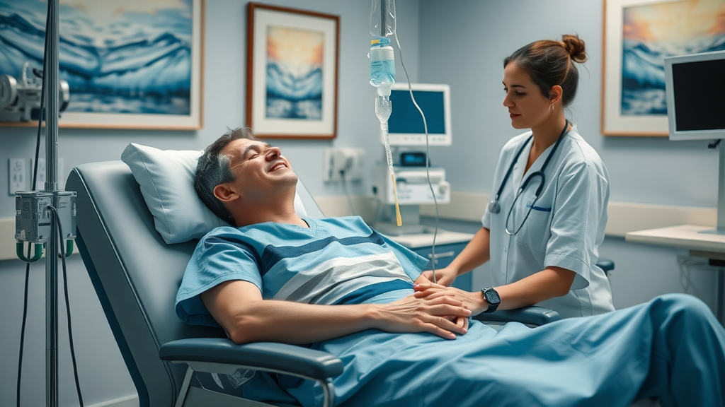 Relaxed patient receiving ketamine infusion for depression relief, clinical nurse monitoring.