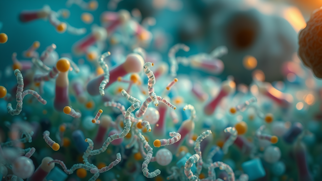 Microscopic view showing diverse gut bacteria and microbiota for gut health in scientific colors and detail