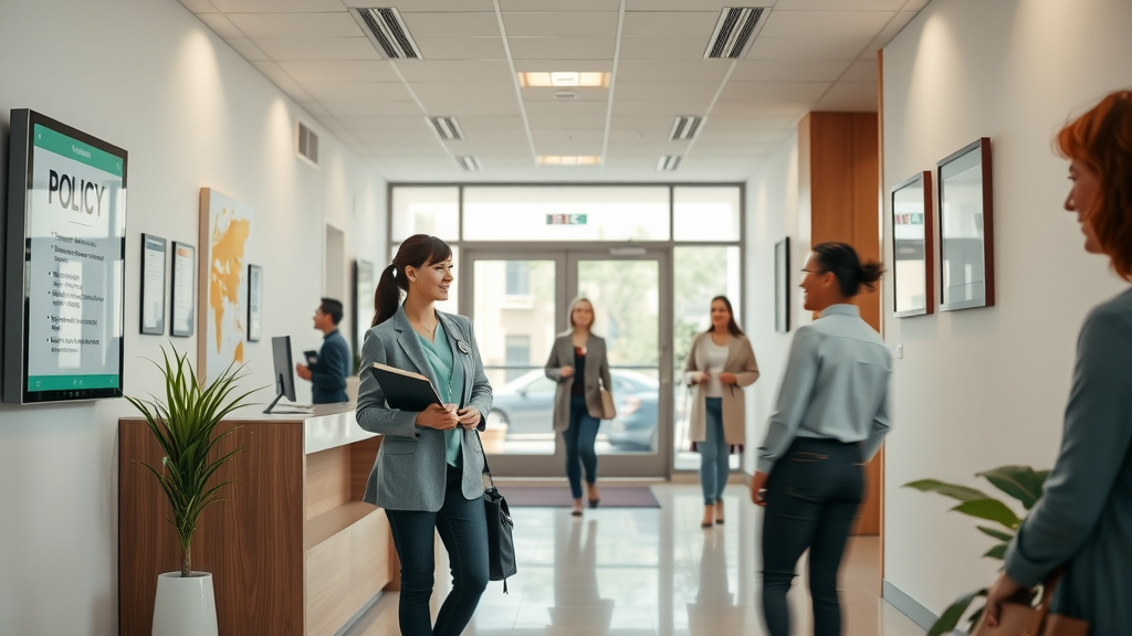 clinic entrance displaying a digital cancellation policy and welcoming staff engaging with a client