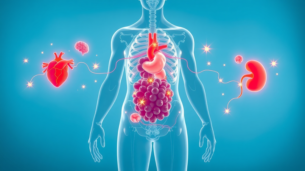 Artistic visualization showing grape nutrients targeting organs—heart, brain, kidneys—and demonstrating health benefit.