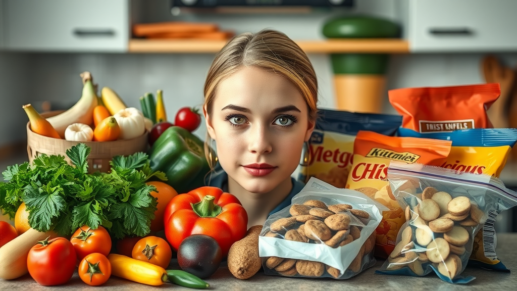 Comparison of healthy fresh foods and processed snacks highlighting their effect on gut health