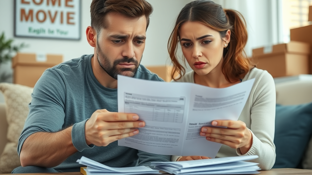 Couple confused over local moving company paperwork with moving boxes in background for local moving company
