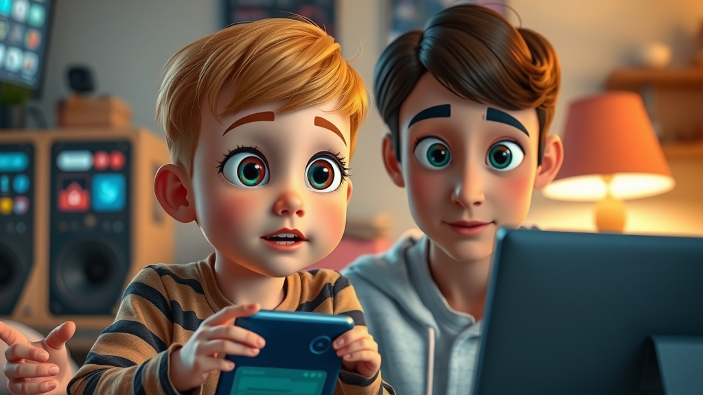 Focused child and adult engaging with digital feedback screens during a home neurofeedback session on cognitive function