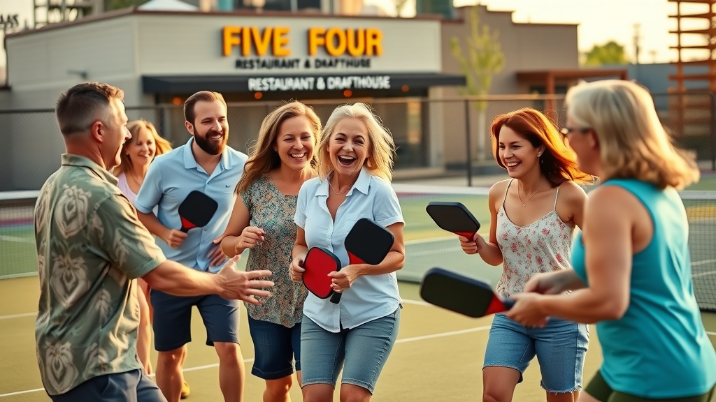 Pickleball event Cedar Park players celebrating together outdoors at sunset.