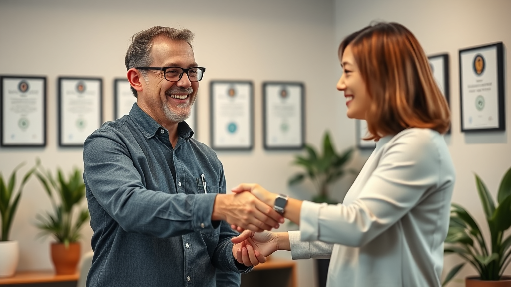 satisfied neurofeedback session client shaking hands with certified therapist in bright, welcoming neurofeedback office