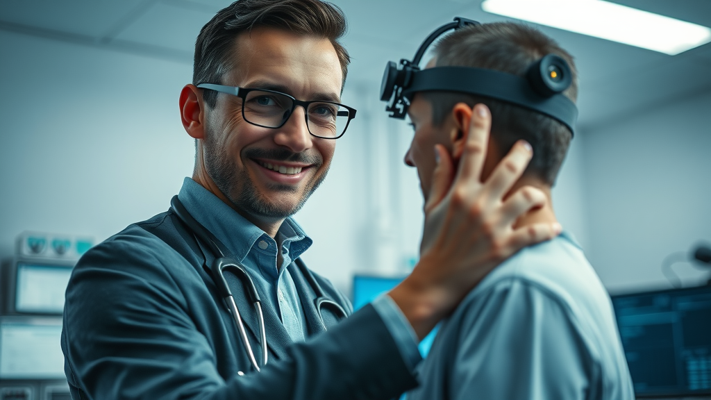 Modern medical professional adjusting EEG headset for a neurofeedback session focused on executive function and brain mapping