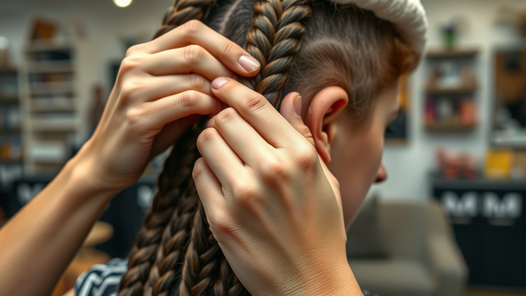 Close-up of expert hands braiding hair in Olongapo, detailed salon background, intricate braid patterns and gentle professional touch