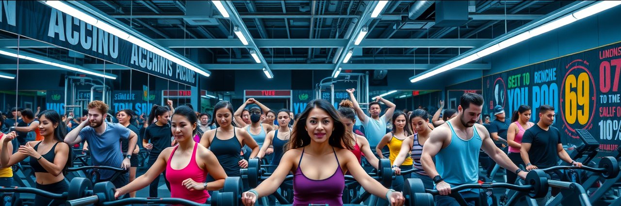 Modern gym with people working out, vibrant fitness environment, photorealistic scene