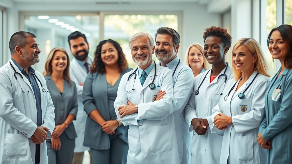inspiring diverse group of medicine doctors and patients standing together in a clean functional medicine clinic with natural daylight and greenery