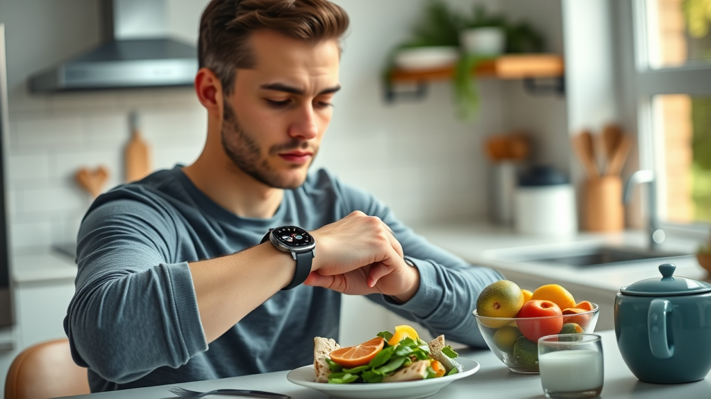 Person checking smartwatch before eating a healthy breakfast after intermittent fasting window