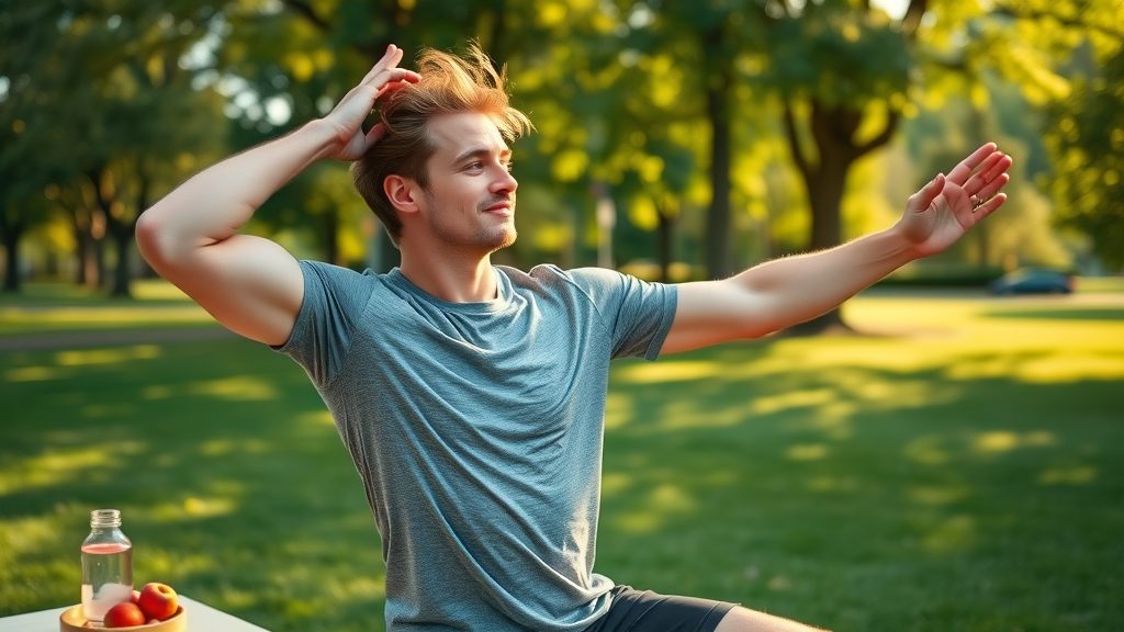 Healthy man stretching in park with hydration and fruit for overall well-being.