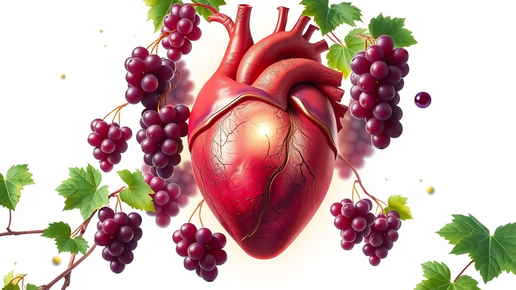 Dramatic illustration of a healthy heart with grape clusters, symbolizing heart health benefit from eating grapes.