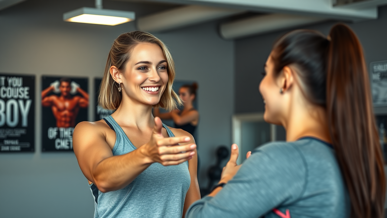 Confident female fitness coach encouraging a female client in a Winnipeg gym, health coach guiding a personal training session to boost fitness motivation