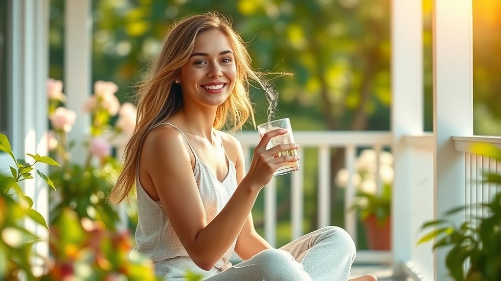 Young woman enjoying morning hydration on sunlit porch to enhance overall well-being.
