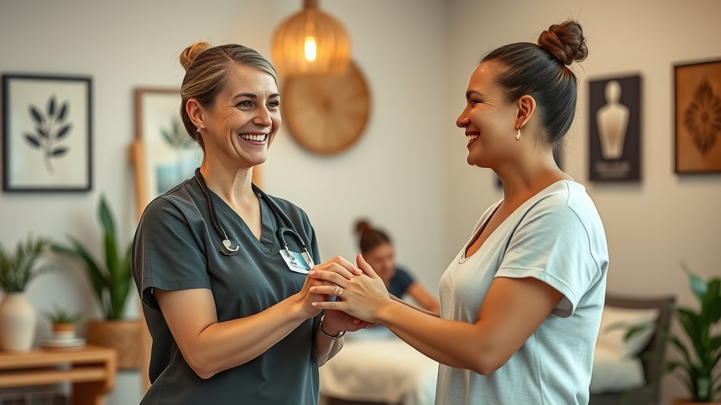 Massage therapist warmly greeting a client in a cozy reception area, establishing trust, blogging for massage therapists