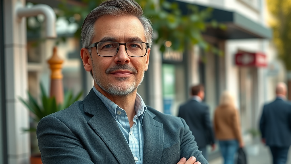 Confident mental health professional in front of their small business office, urban street background - from therapist to business owner