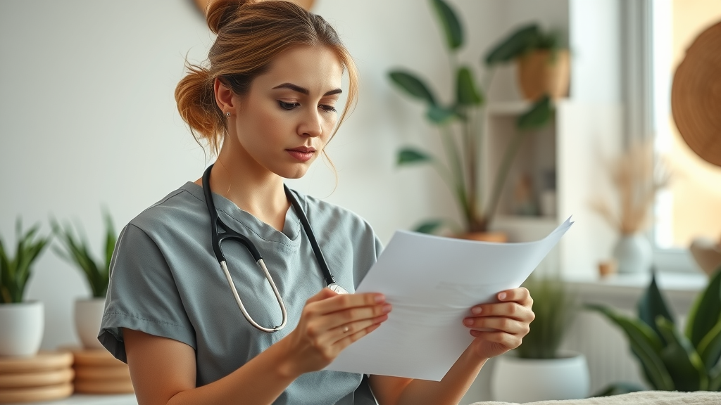 thoughtful massage therapist reviewing client notes to attract ideal massage clients