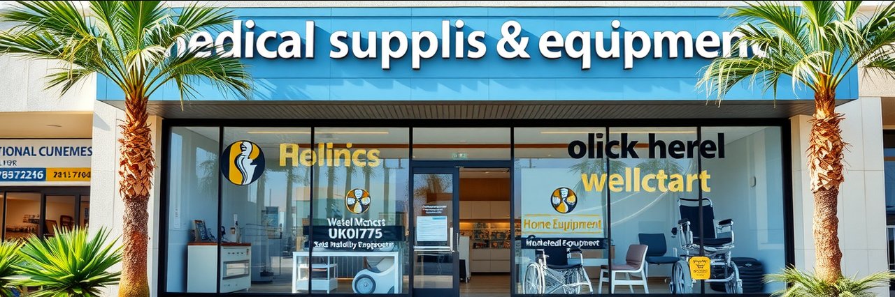 Home Medical Equipment store with glass storefront, mobility aids, and clear signage