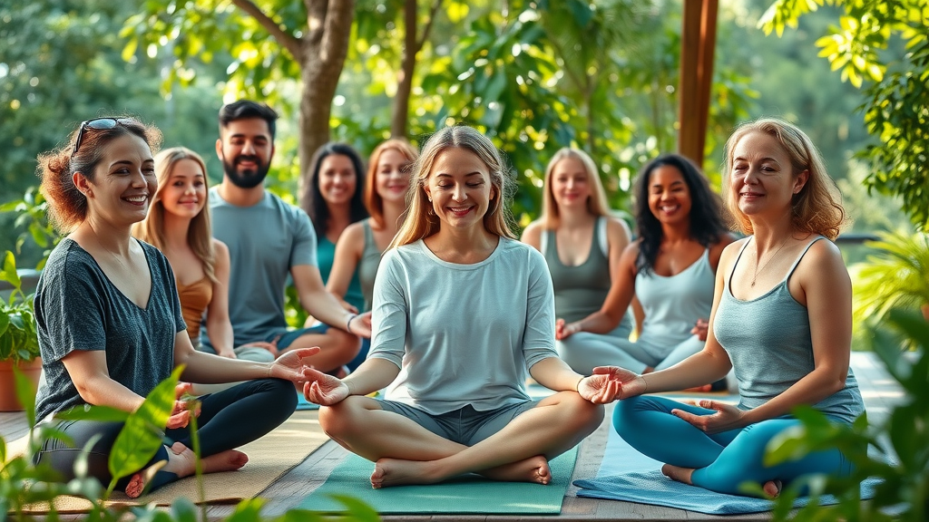 group participating in holistic anxiety treatments including neurofeedback therapy in a supportive natural environment