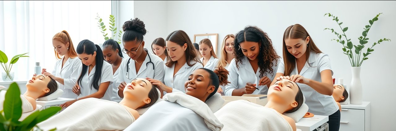Diverse esthetician students practicing techniques in a modern esthetician school classroom