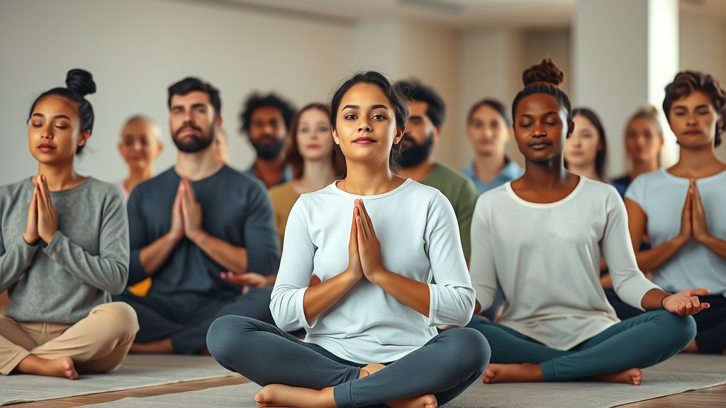 Respectful multicultural group meditating in a yoga class, diverse and peaceful expressions