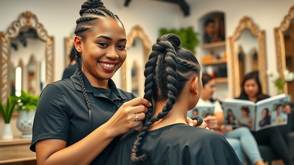 Vibrant salon scene showing a professional hair braider weaving intricate braids on a client in a stylish Olongapo hair salon, modern interior design with mirrors and plants