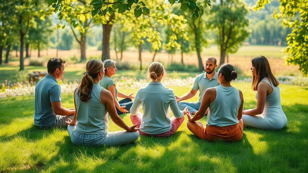 Diverse group meditating outdoors for alternative & holistic health service