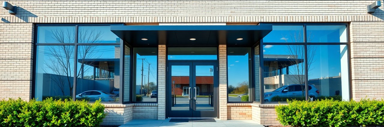 Modern storefront exterior reflecting calm environment for the benefits of massage.