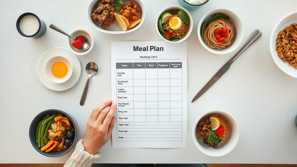 Overhead view of healthy breakfast meal plan and prepped dishes for intermittent fasting