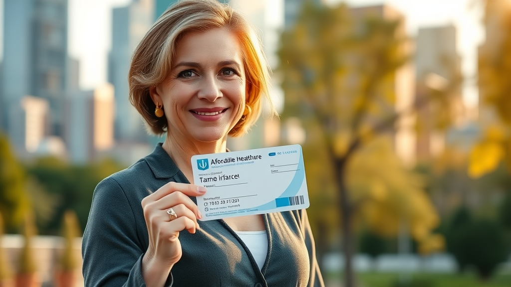 Woman proudly holding healthcare insurance card in city park setting