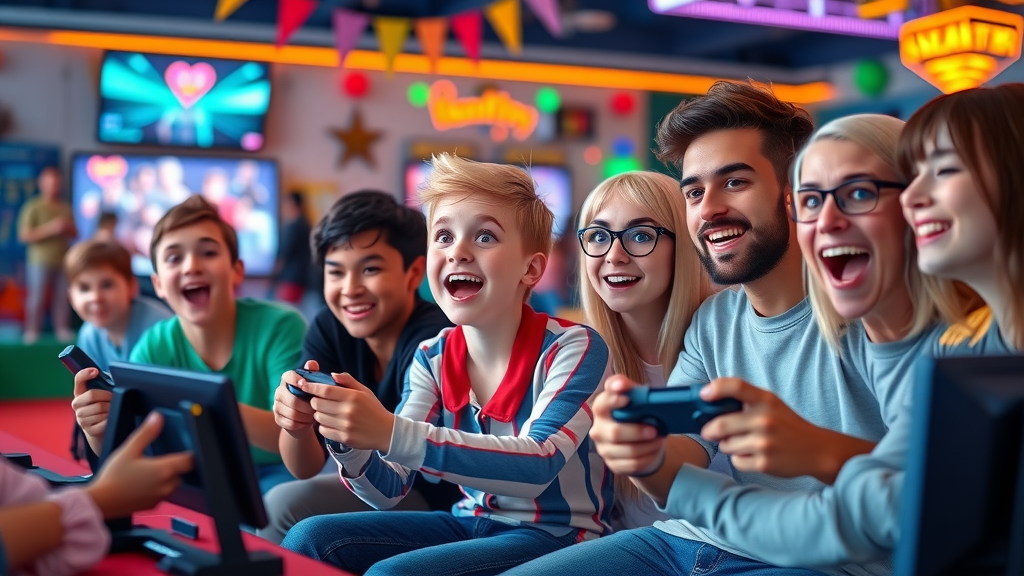 enthusiastic supporters playing video games at a movie night fundraising event for non profit organizations