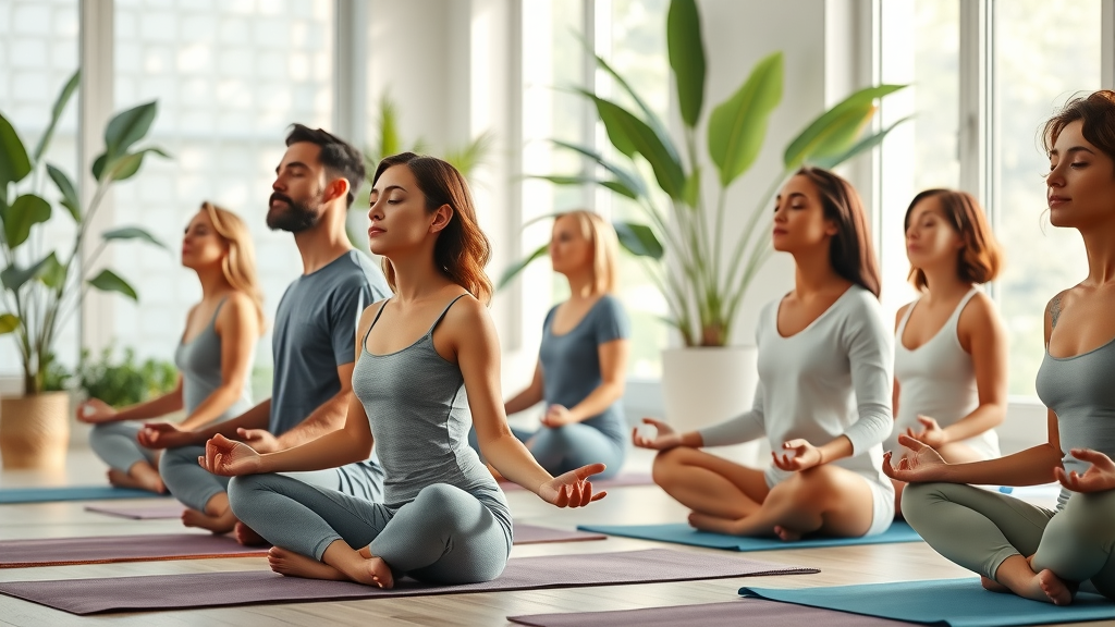 Diverse adults meditating in a lifestyle medicine & physical therapy practice