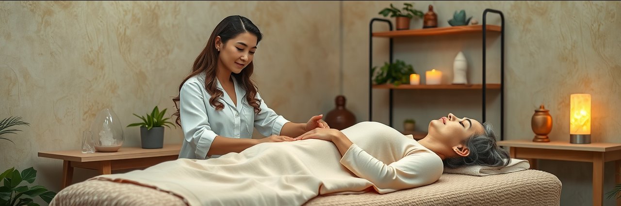 Alternative &amp; holistic health service scene with a healer and client in a tranquil room