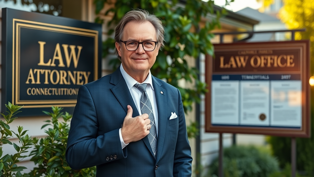 Award-winning divorce mediation attorney Waterbury CT standing outside law office with client testimonials