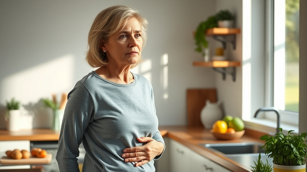 intermittent fasting schedule for women over 40, healthy food, middle-aged woman, sunlit kitchen