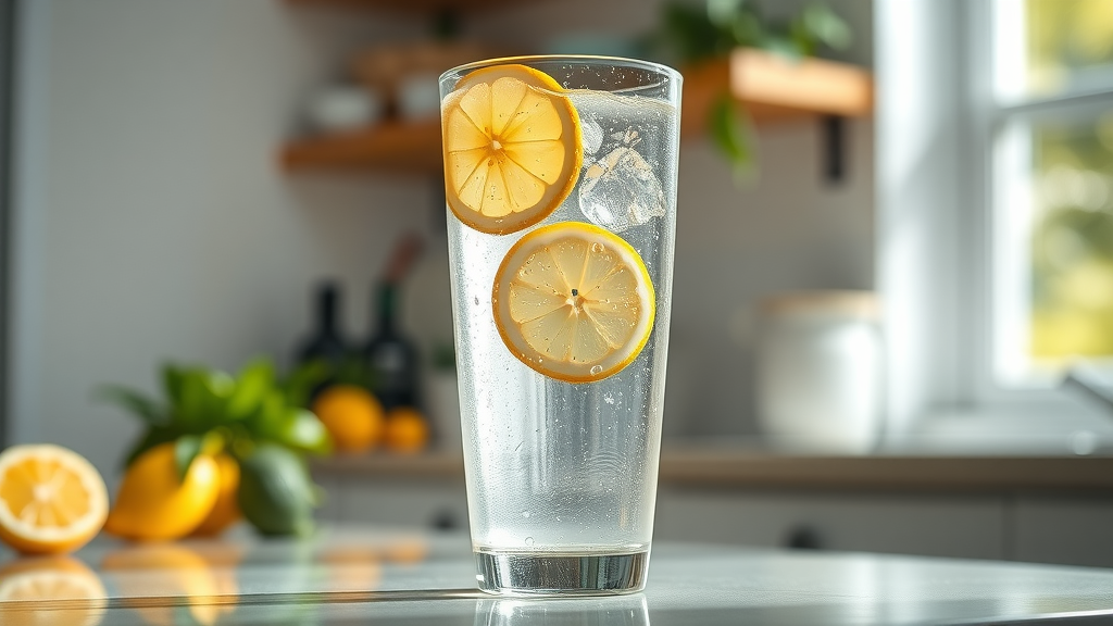 Fresh glass of water with lemon slices representing hydration for holistic health wellness