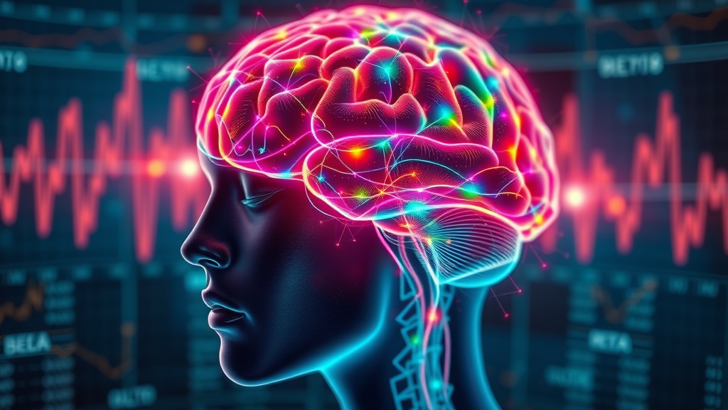detailed human brain artwork with colorful overlay of Delta, Theta, Alpha, Beta, Gamma brainwave patterns, illustrating brainwave biofeedback