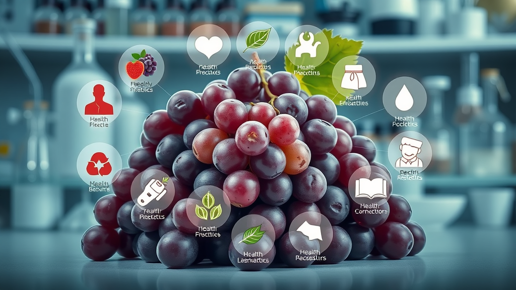 Infographic showing icons representing blood pressure, heart health, immune system, and nutrition benefits, all surrounding a healthy pile of grapes.