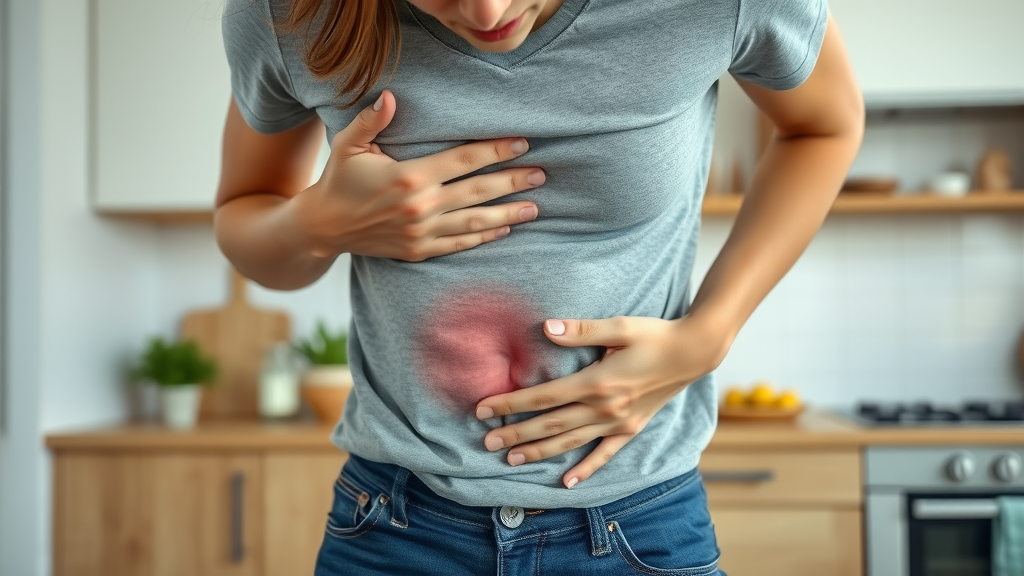 Person holding stomach, showing signs of digestive discomfort and unhealthy gut, photorealistic and detailed