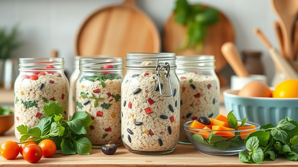 healthy meal prep ideas with colorful oatmeal jars and salads on kitchen counter, vibrant glass jars and bowls in pastel colors, inviting healthy meal prepping
