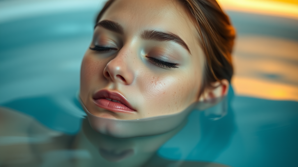 Peaceful woman floating in float therapy tank, eyes closed, serene relaxation.