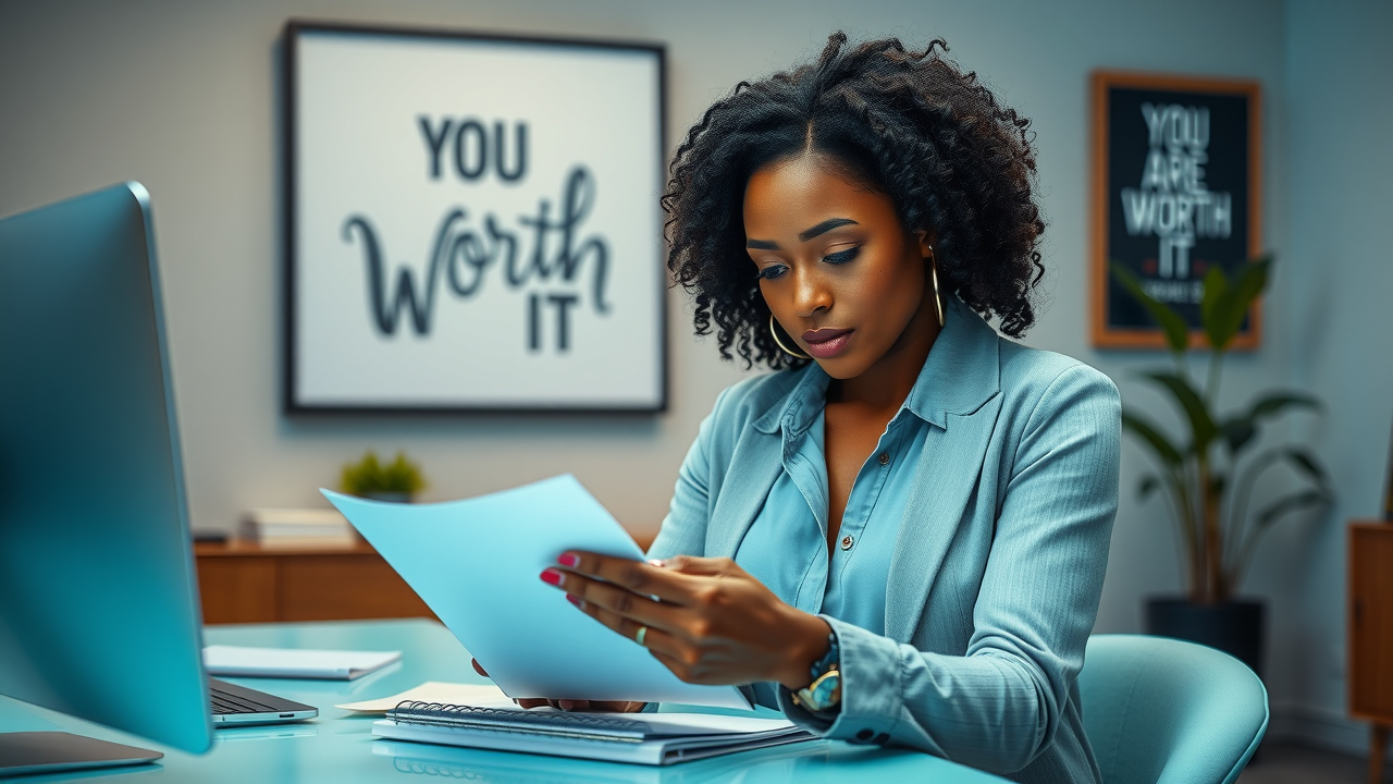 Determined professional African American woman reviewing notes, signifying empowerment in women