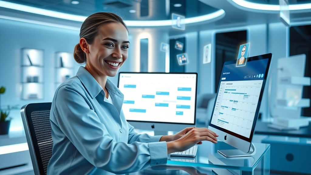 Spa manager organizing social media content on a digital planner for efficient marketing