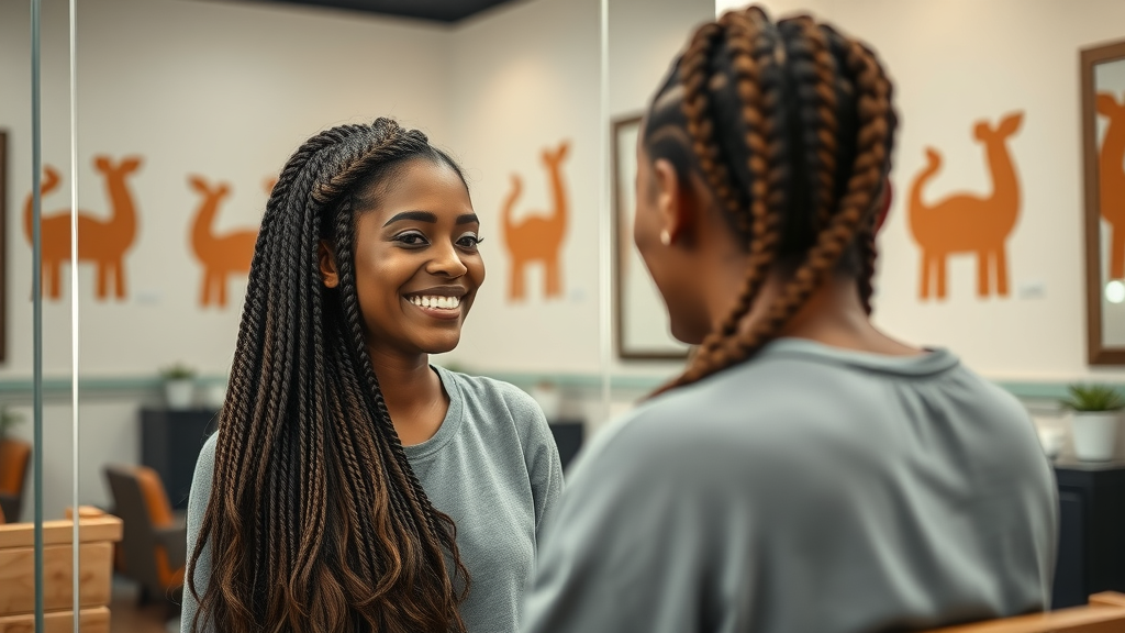 Joyful client with newly braided hair admiring mirror reflection in an inviting salon with Olongapo wall motifs
