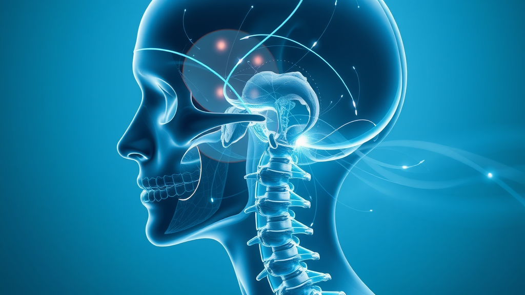 anatomical illustration of craniosacral system and spinal cord flow; highlighting cranial bone, fluid that surrounds brain, within central nervous system, flowing energy and connective tissue