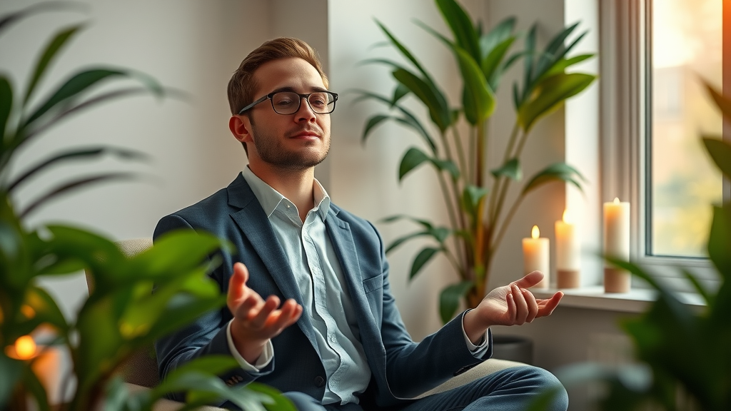 Serene business owner meditating in office - work-life balance for therapists turned business owners