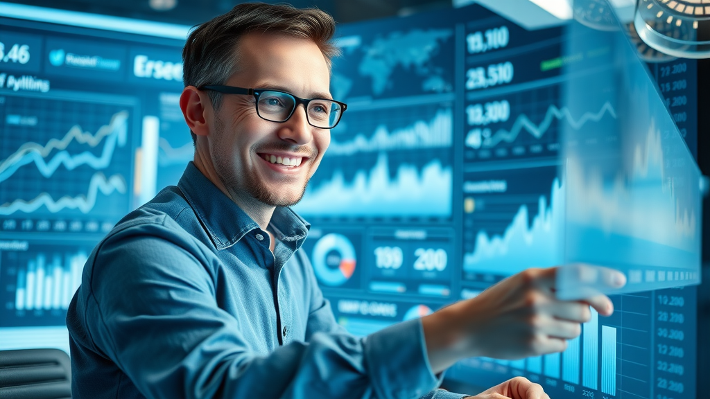 fundraiser analyzing fundraising analytics dashboard high-tech virtual workspace