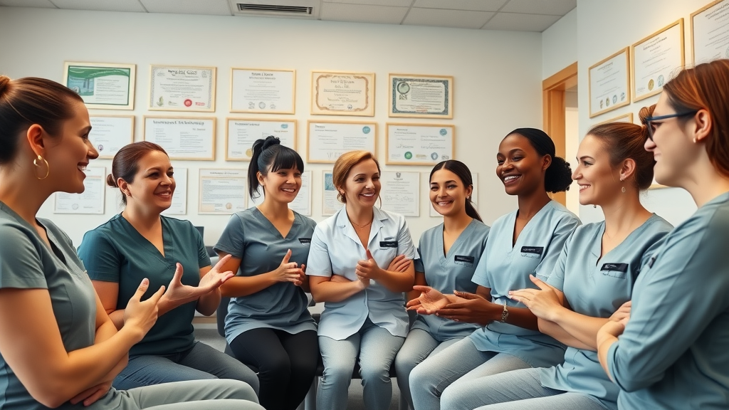 group of diverse massage therapists discussing experiences with package deals and discounts