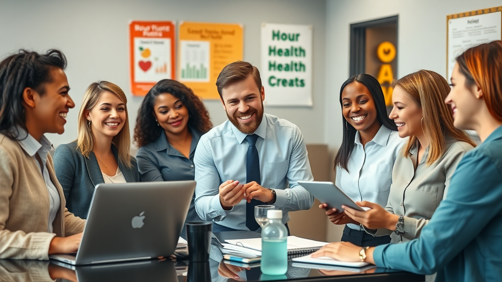 Health insurance agent helping business team choose group coverage plan