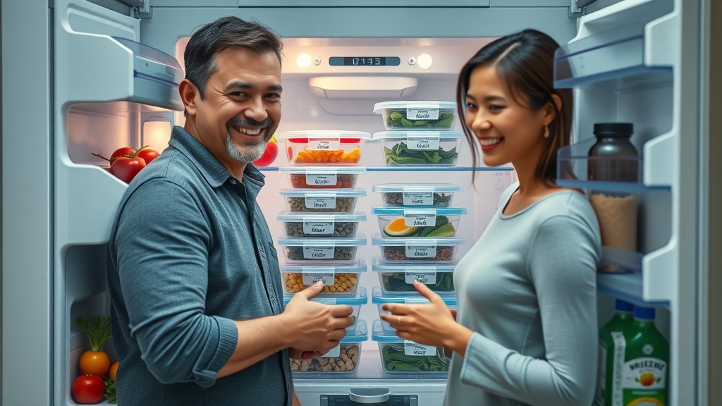 organized refrigerator with meal prep containers and happy family placing labeled healthy meal preps inside, colorful meals, cool color palette